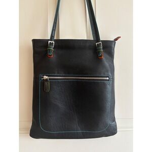 Mywalit Black Leather Tote Bag Multicolor Contrast Stitching Shoulder Bag